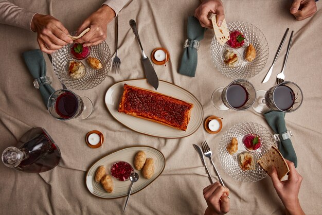 Top view of people having a feast for the first day of passover seder