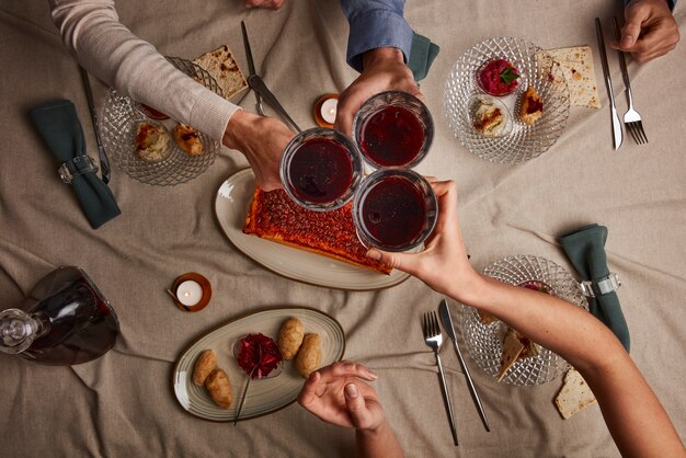 Top view of people having a feast for the first day of passover seder