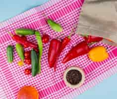 Foto gratuita vista dall'alto di peperoni fuoriuscita dal sacco con cetrioli pomodori e semi di pepe nero con olio fuso su tessuto plaid e superficie blu