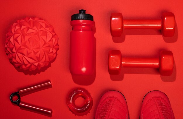 Top view perfectly ordered fitness items