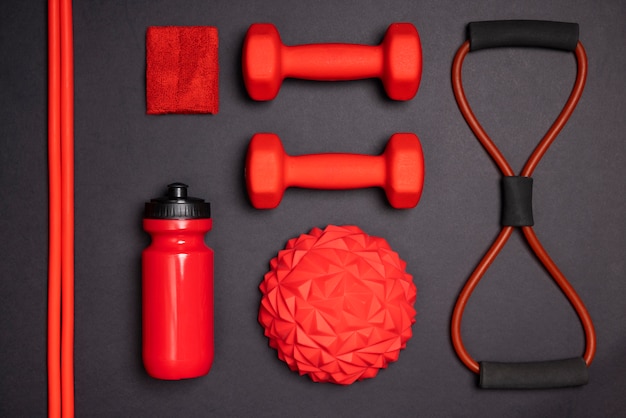 Top view perfectly ordered fitness items