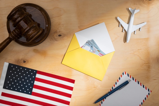 Top view permanent resident cards and flag