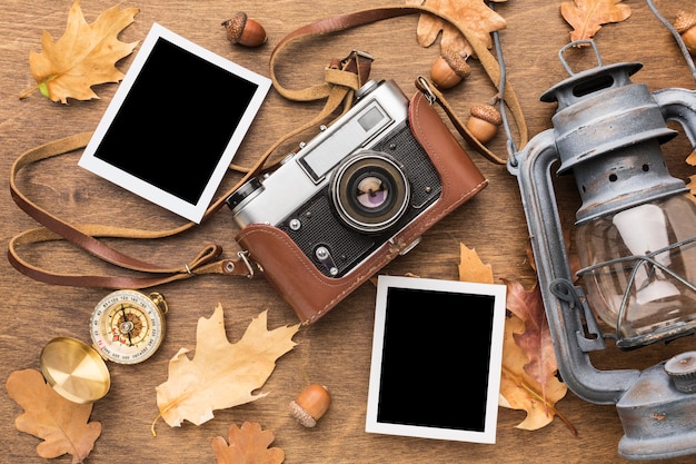 Top view of photos with camera and lantern