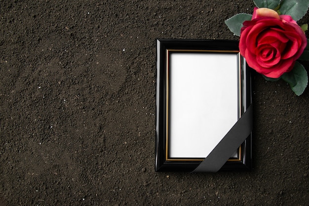 Top view of picture frame with red flower on dark soil