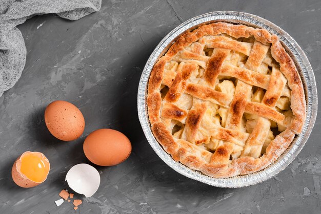 Top view of pie and eggs