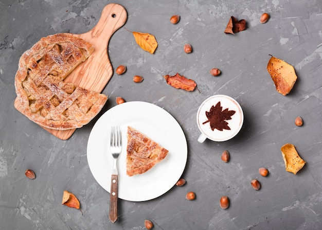 Top view of pie slice and coffee 