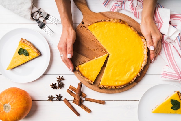 Top view pie on wooden board