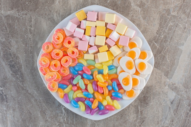 Top view of pile of colorful candies. 