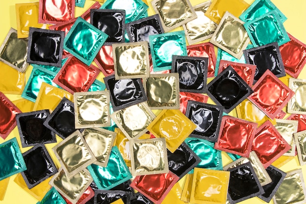 Top view pile of colourful condoms