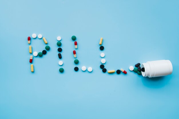Top view pills making a word