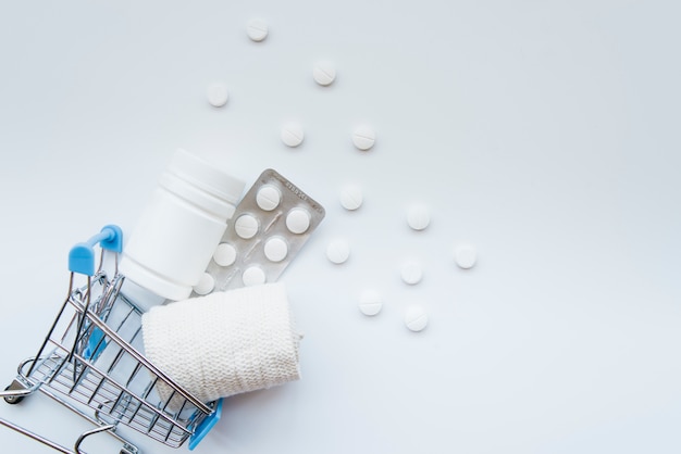 Top view pills in shopping cart