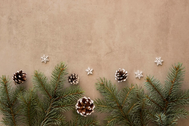 Free photo top view pine leaves and pine cones