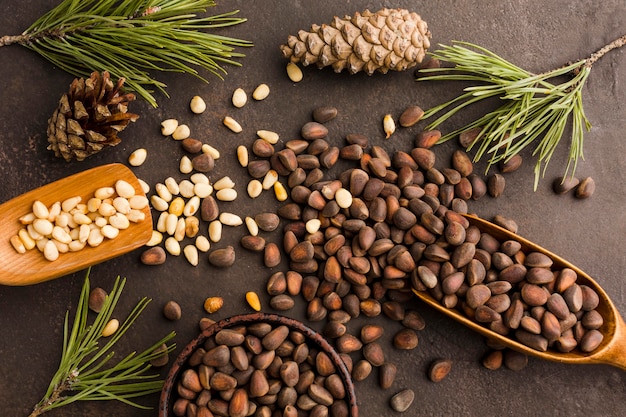 Top view pine seeds with wooden spoon