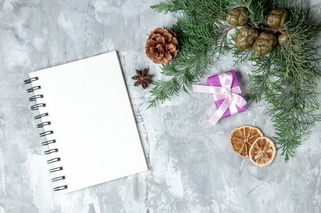 Top view pine tree branches dried lemon slices notebook on grey background