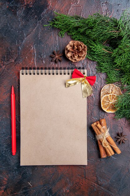 Top view pine tree branches and pinecones a notebook red pen anises cinnamon on dark red surface
