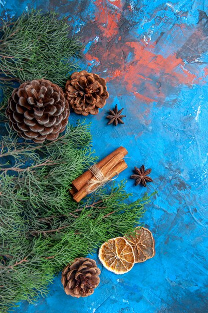 Top view pine tree branches with cones cinnamon sticks anise seed dried lemon slices on blue-red surface