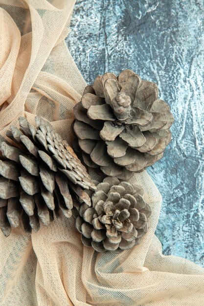 Top view pinecones on beige shawl on dark surface