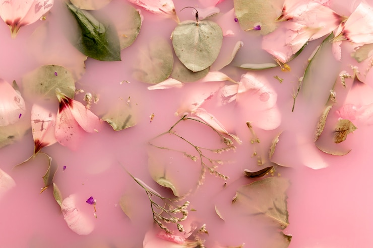 無料Photo トップビューピンクの花びらとピンク色の水の葉