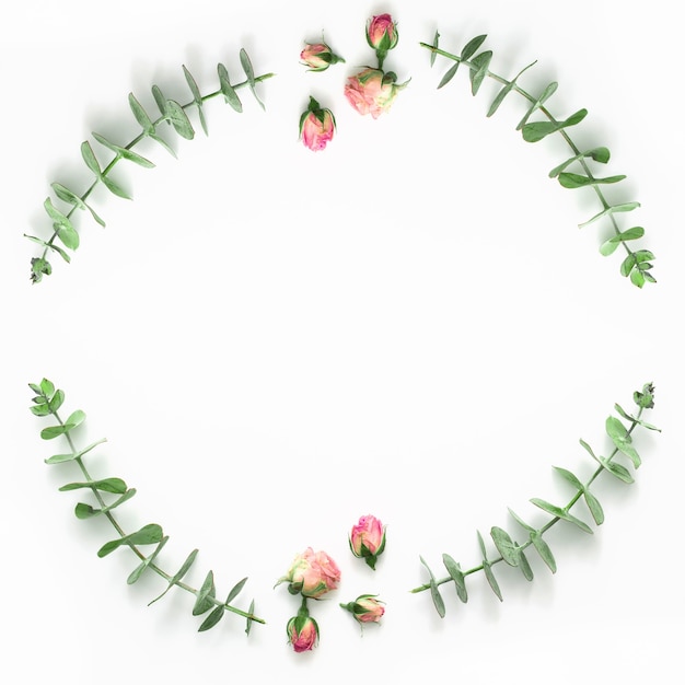 Top view of pink rose buds and eucalyptus on white surface