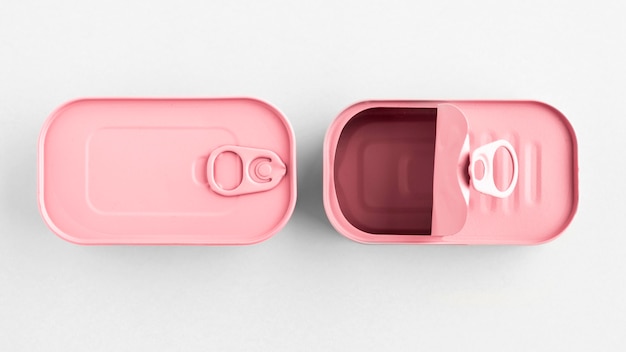 Top view pink tin cans