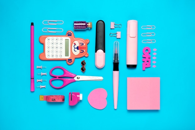 Top view pink tools arrangement