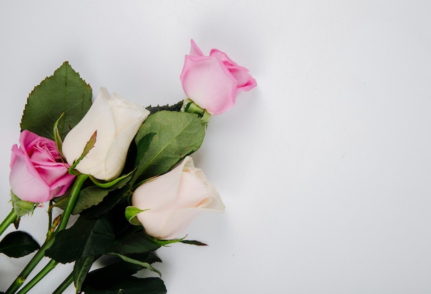 분홍색과 흰색 색 장미의 상위 뷰 복사 공간 흰색 배경에 고립