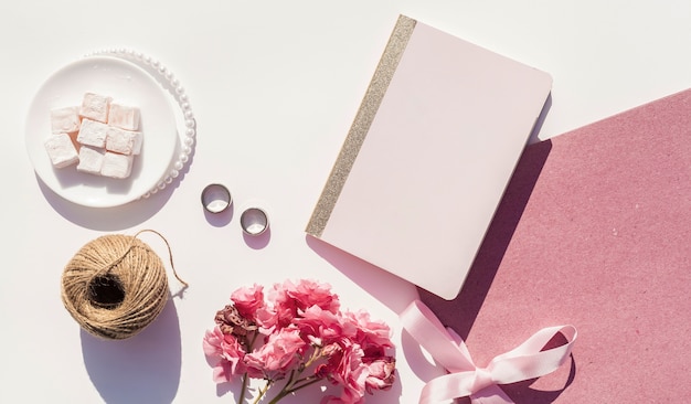 Top view pink and white wedding arrangement