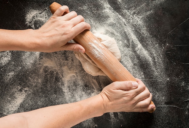 Top view pizza dough spread