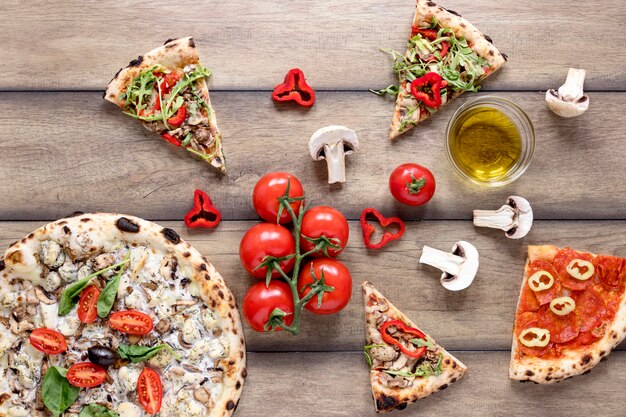 Top view pizza topping arrangement