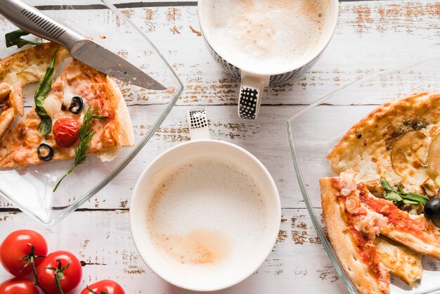 Top view pizza with coffee