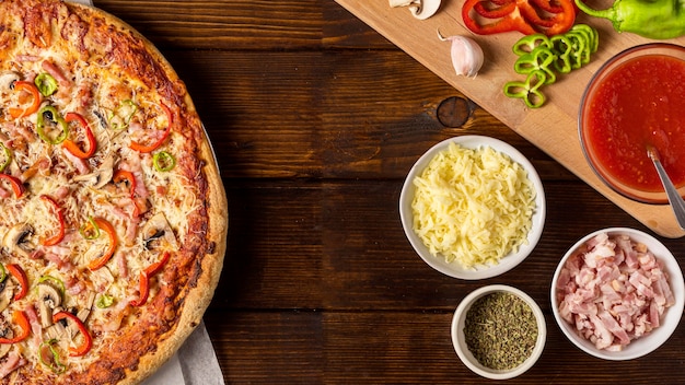 Top view pizza with pepper and ingredients