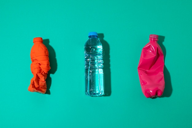 Top view plastic bottles arrangement