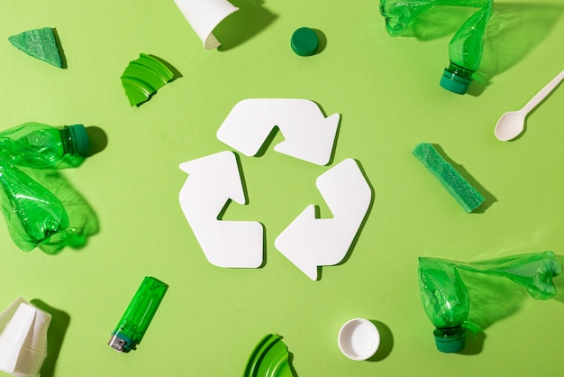 Top view plastic bottles arrangement