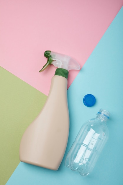 Top view plastic bottles arrangement