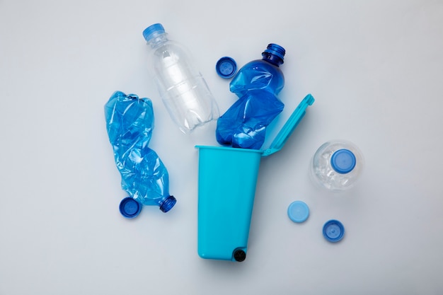 Top view plastic bottles and bin arrangement