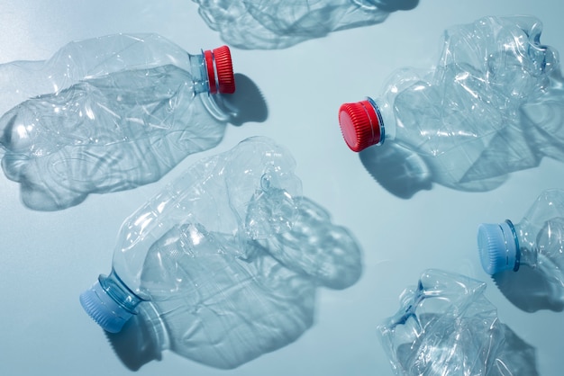 Top view on plastic bottles