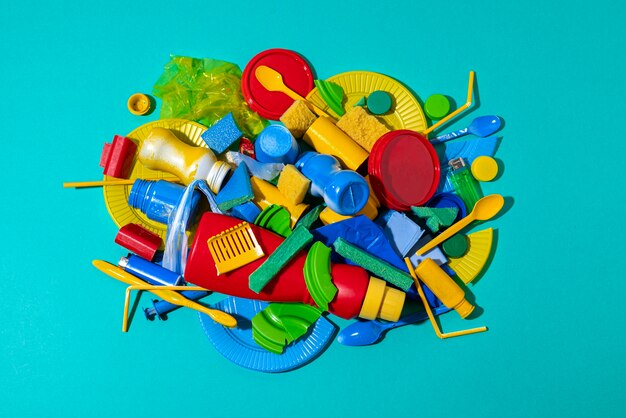 Top view plastic objects arrangement