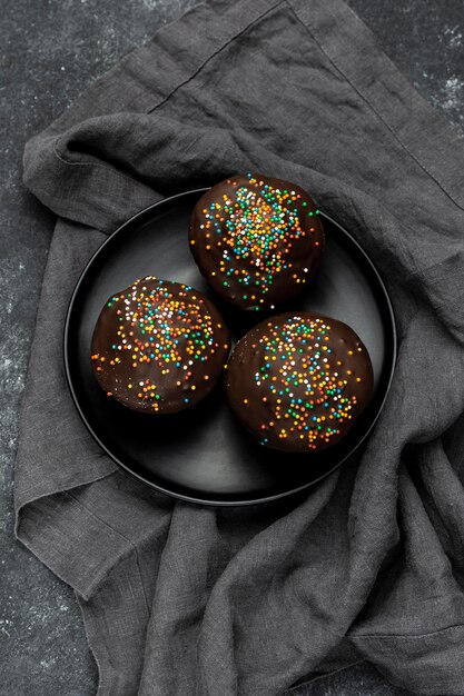 Top view of plate with chocolate muffins