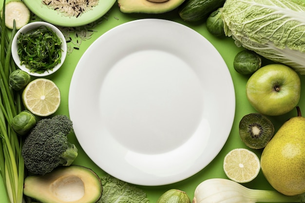 Top view of plate with green vegetables