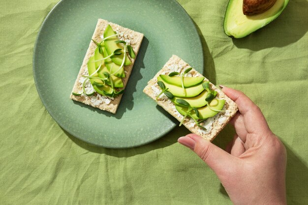 Top view of plate with keto diet food and avocado