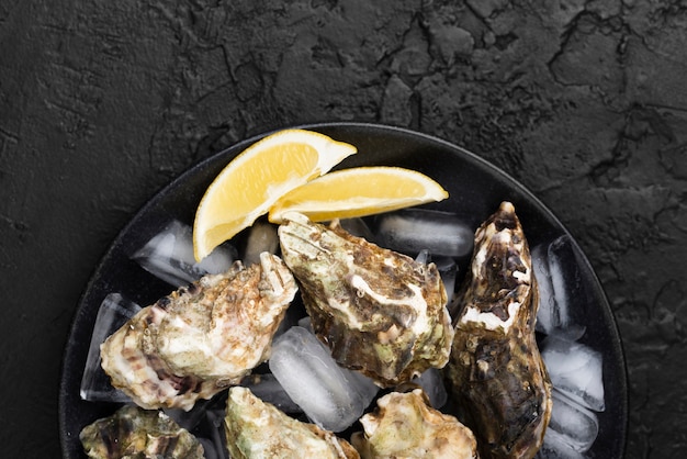 Top view of plate with oysters and lemon slices