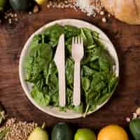 Free photo top view plate with spinach leaves