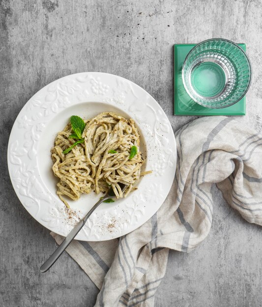 Top view plate with tasty pasta