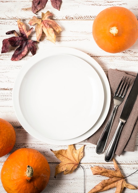 Top view of plates for thanksgiving dinner with cutlery