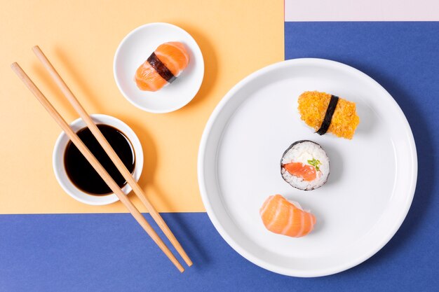 Top view plates with sushi