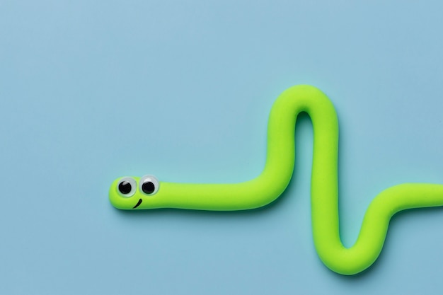 Top view play dough snake with blue  background