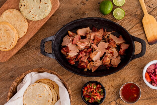 Top view of pot with arepas filling and sauce