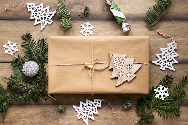 Top view of present box with decorations