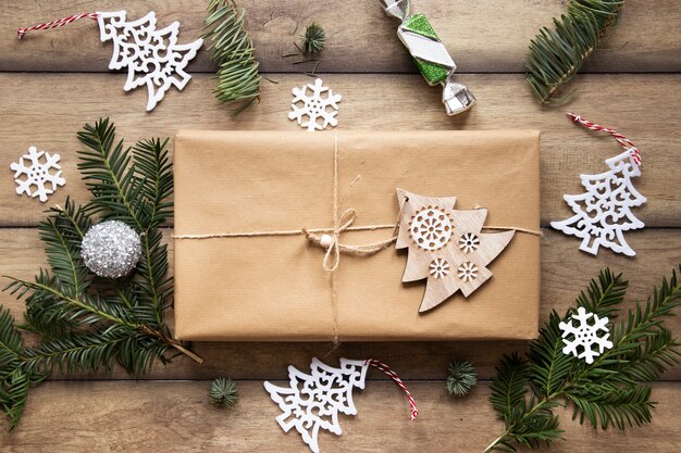 Top view of present box with decorations