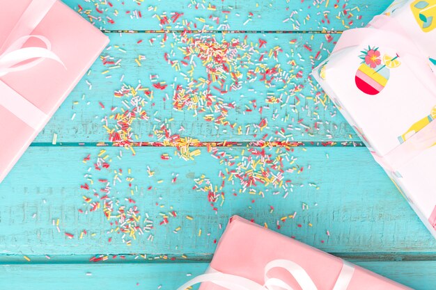 top view presents with colorful shavings